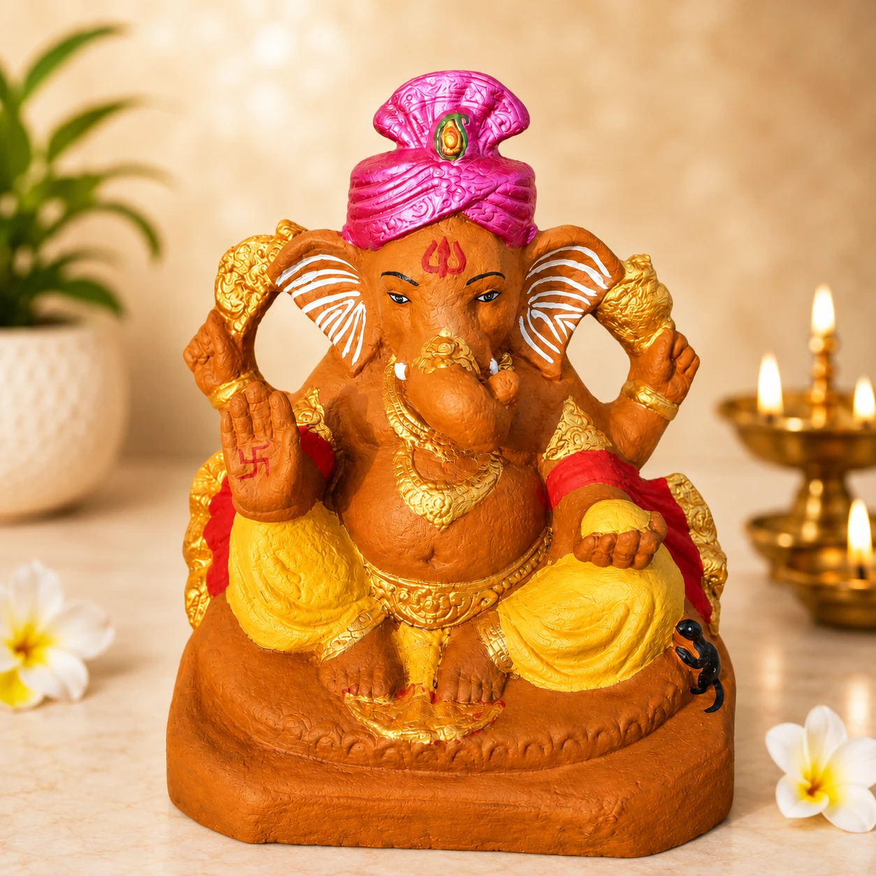14 Inch Cow Dung (Gauvar) Lord Ganesha Idol – Handcrafted | Eco-Friendly